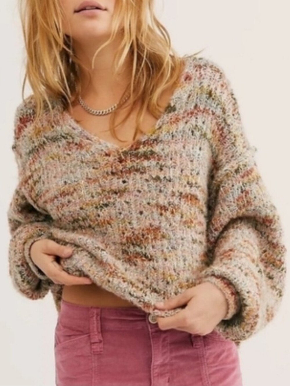 FREE PEOPLE NWT Highland V Sweater in Neutral Combo Sz Med OB1010992 Chunky Cozy
